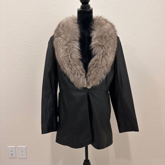 Vintage Marvin Richards Black Coat Fox Fur Collar Leather Jacket Hip Length M - Picture 12 of 12